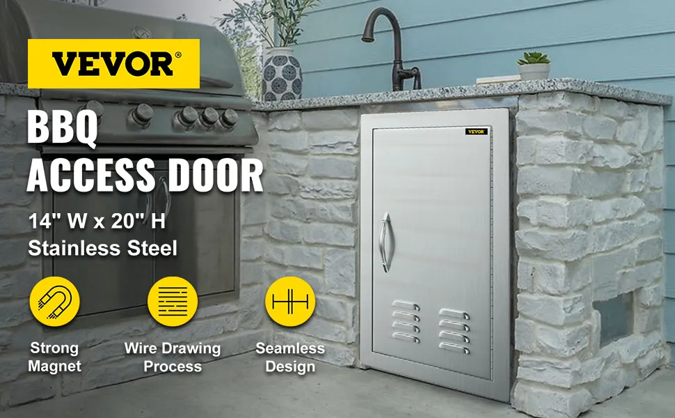 VEVOR outdoor kitchen door on stone counter with bbq grill and blue siding.