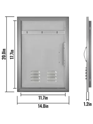 VEVOR outdoor kitchen door with dimensions 20x17.7 inches and side view.