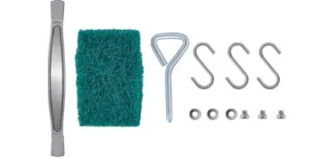 metal handle, green scrub pad, large y-shaped tool, three s-hooks, and mounting hardware.