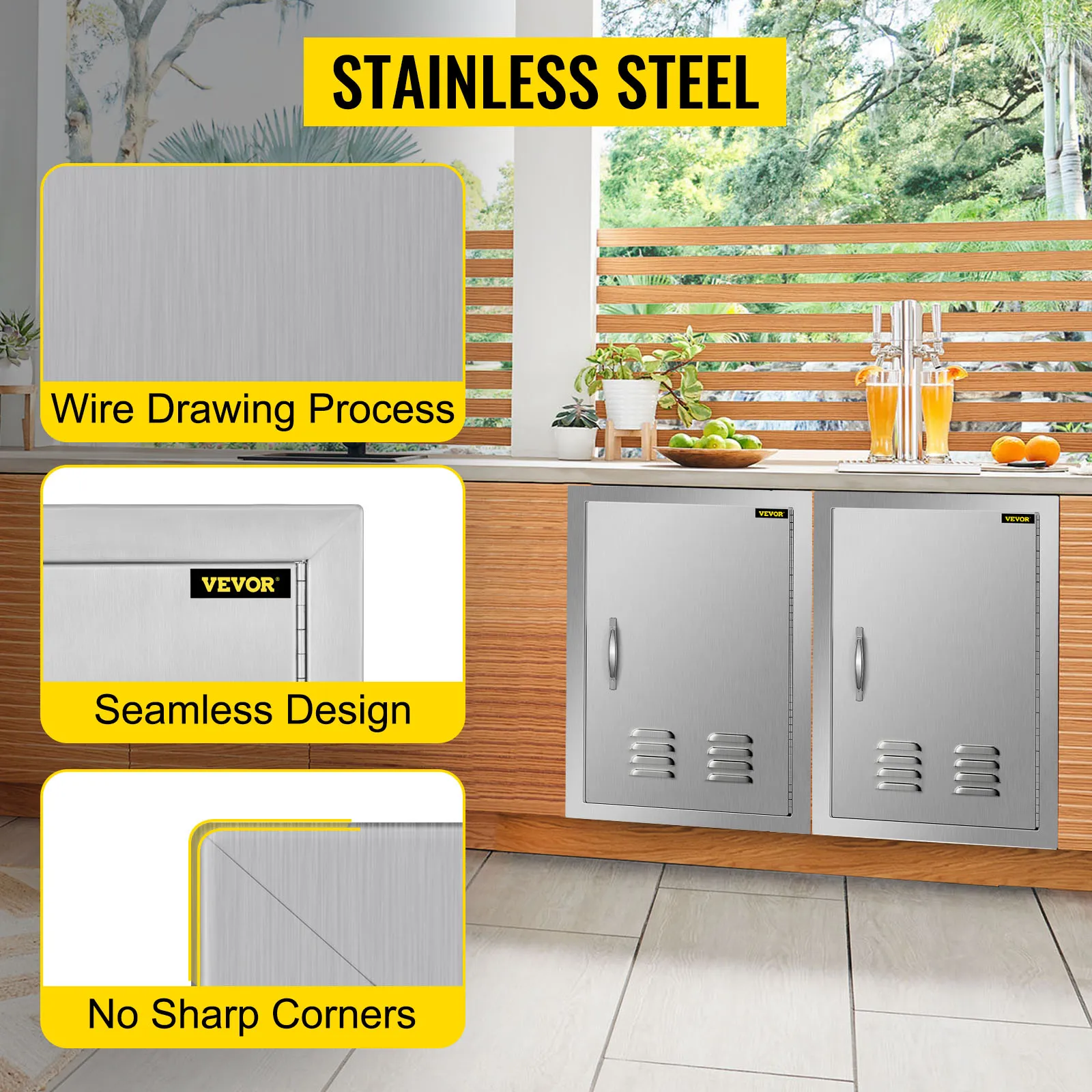 VEVOR outdoor kitchen door with stainless steel finish and seamless design setup.