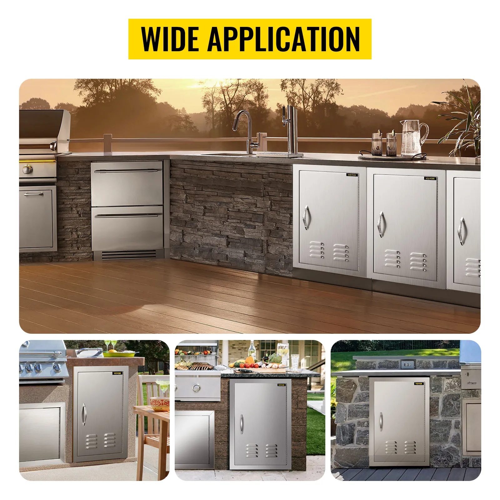 VEVOR outdoor kitchen door in stylish setups for various outdoor spaces.