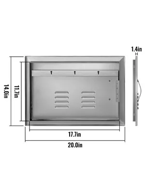Puerta de isla de barbacoa VEVOR de acero inoxidable con ranuras de ventilación y dimensiones etiquetadas