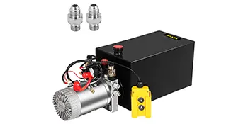 VEVOR-Hydraulikpumpe mit schwarzem Tank, gelber Fernbedienung und zwei silbernen Anschlüssen.