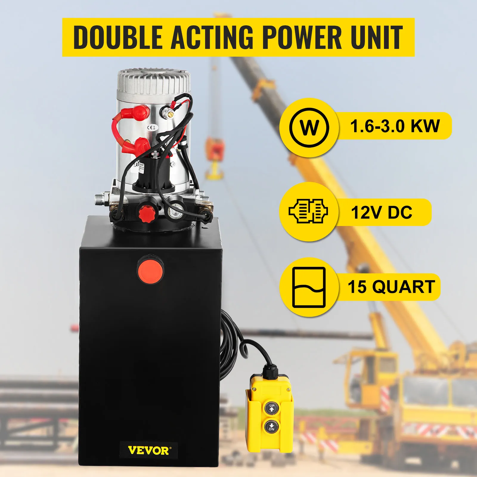 Hydraulikpumpe von VEVOR, doppeltwirkendes Aggregat, 12 V Gleichstrom, 1,6–3,0 kW, 15 Quart Fassungsvermögen.