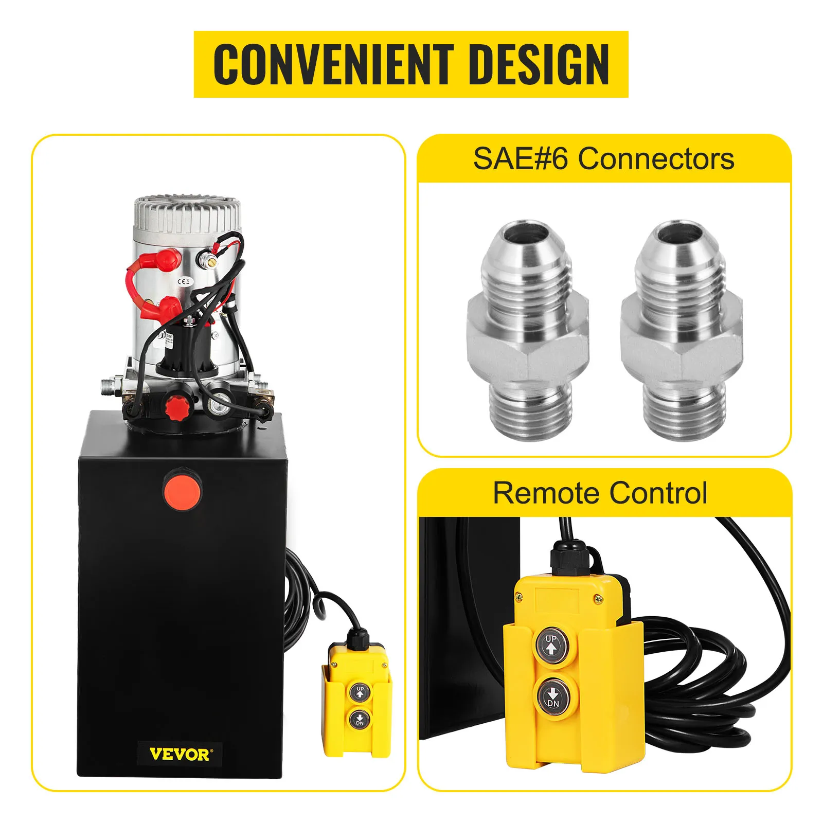VEVOR-Hydraulikpumpe mit Fernbedienung und SAE-6-Anschlüssen in praktischem Design.