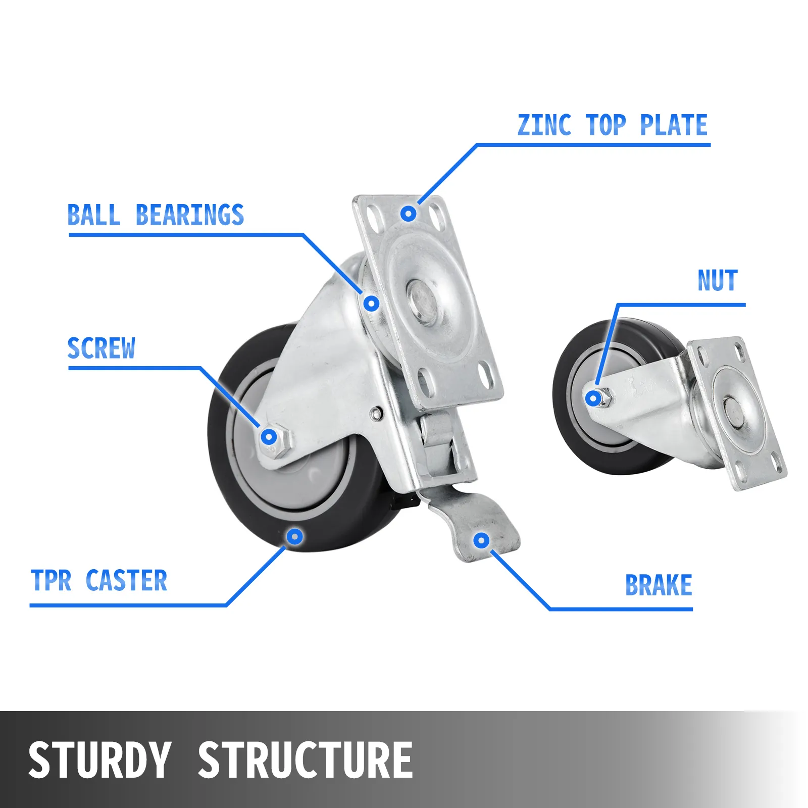VEVOR swivel casters with zinc top plate, ball bearings, brake, and sturdy structure.