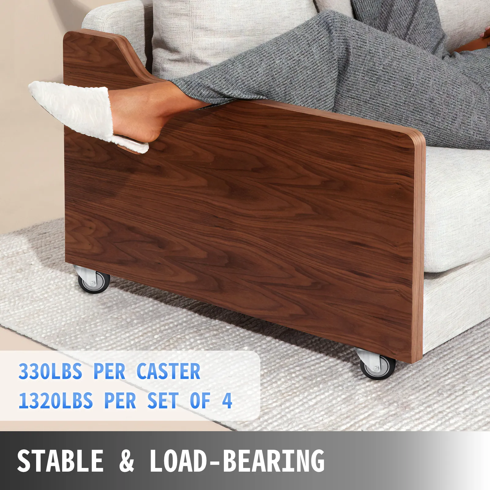 sofa with wooden side panel on VEVOR swivel casters, 330 lbs per caster, 1320 lbs per set.