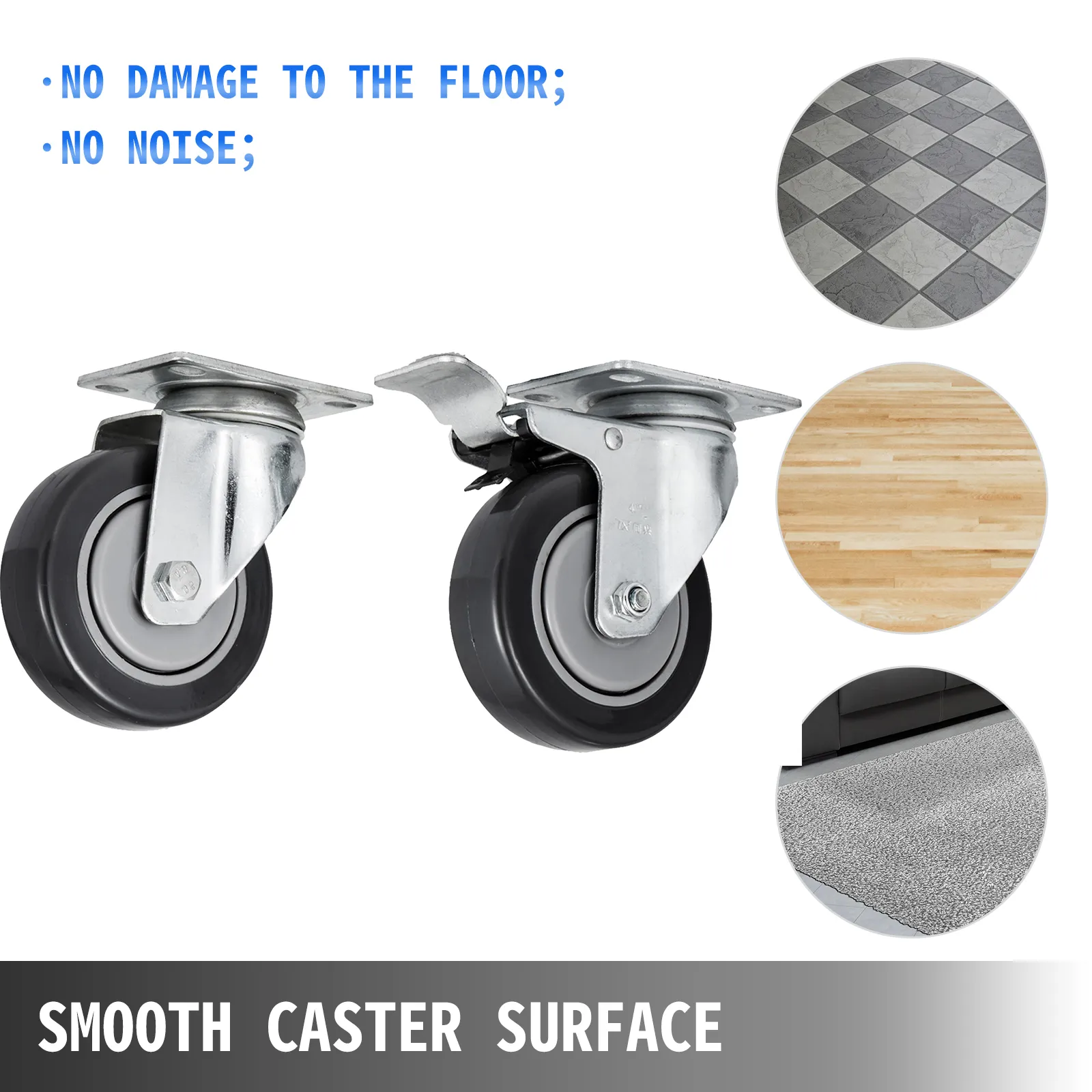 VEVOR swivel casters, floor-safe and noise-free, for tile, hardwood, and carpet.