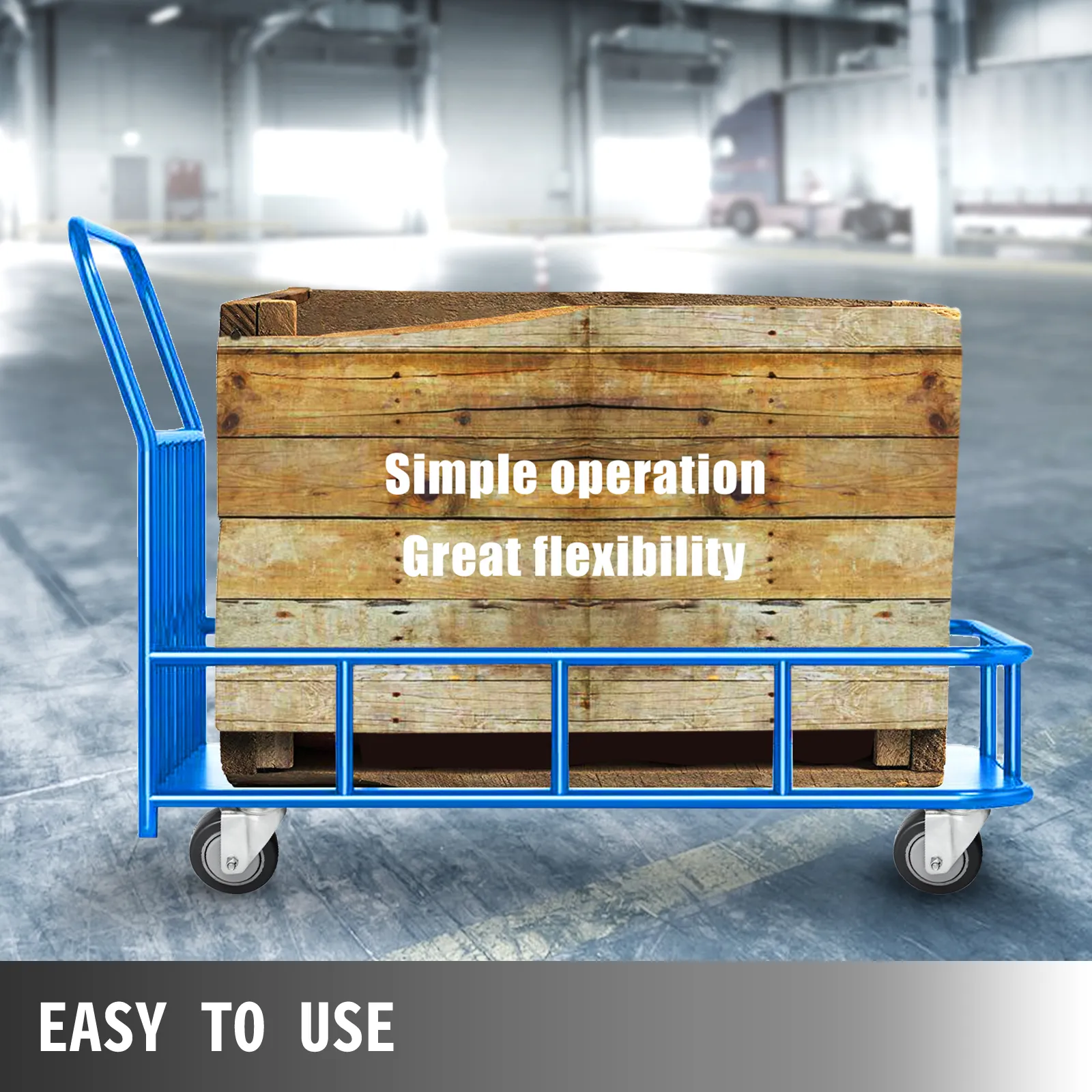 blue utility cart with VEVOR swivel casters and a wooden crate in a warehouse.