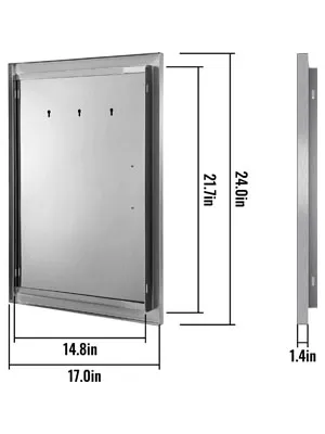 Puerta de acceso para barbacoa VEVOR en acero inoxidable con dimensiones etiquetadas.