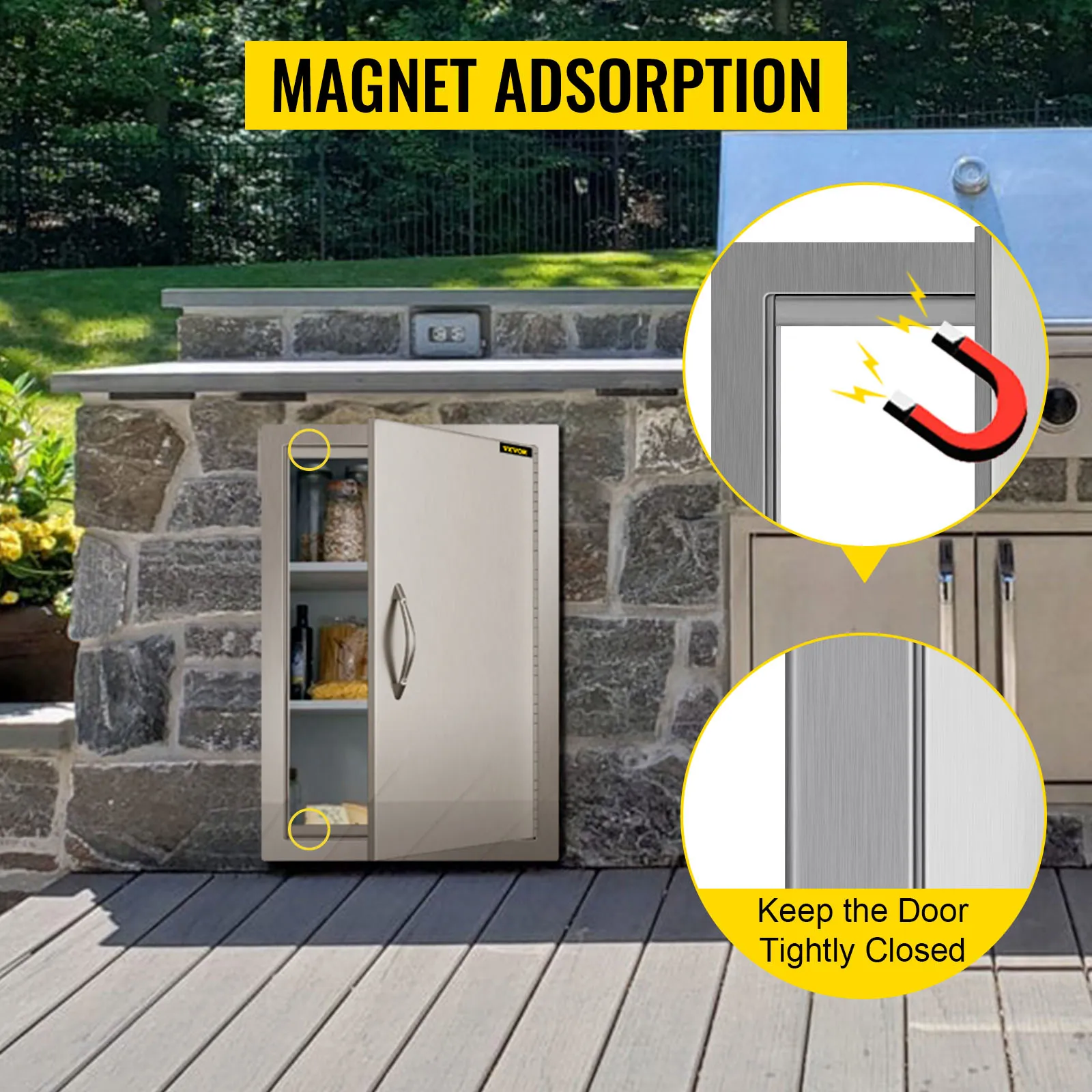 Cocina al aire libre con puerta de acceso para barbacoa VEVOR que presenta funciones de adsorción magnética.