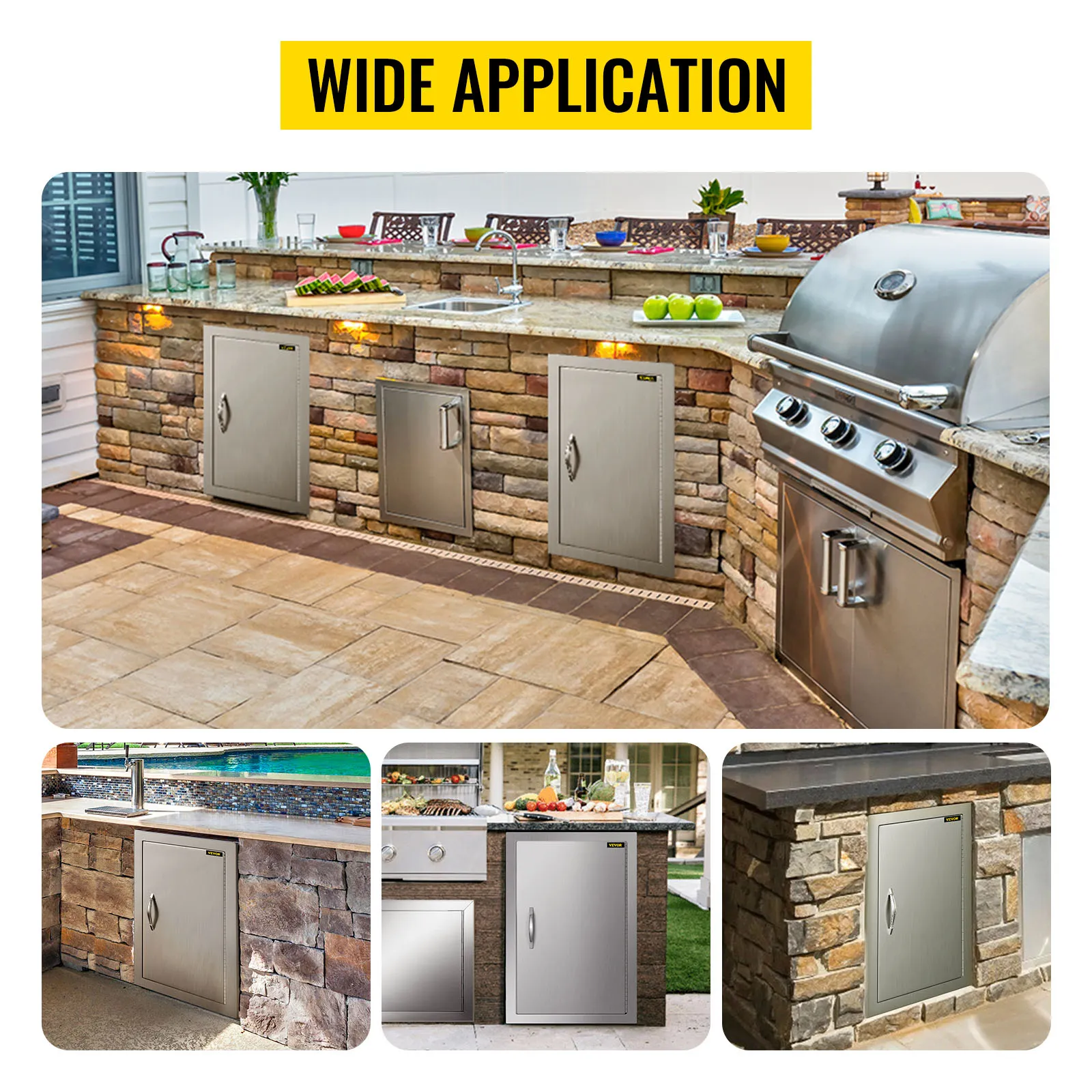 Cocina al aire libre que exhibe puerta de acceso para barbacoa VEVOR con gabinetes y parrilla de acero inoxidable.