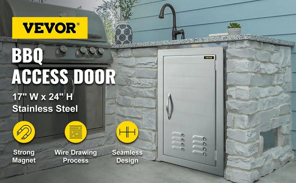 Puerta de acceso a barbacoa VEVOR en cocina exterior con acabado en acero inoxidable.