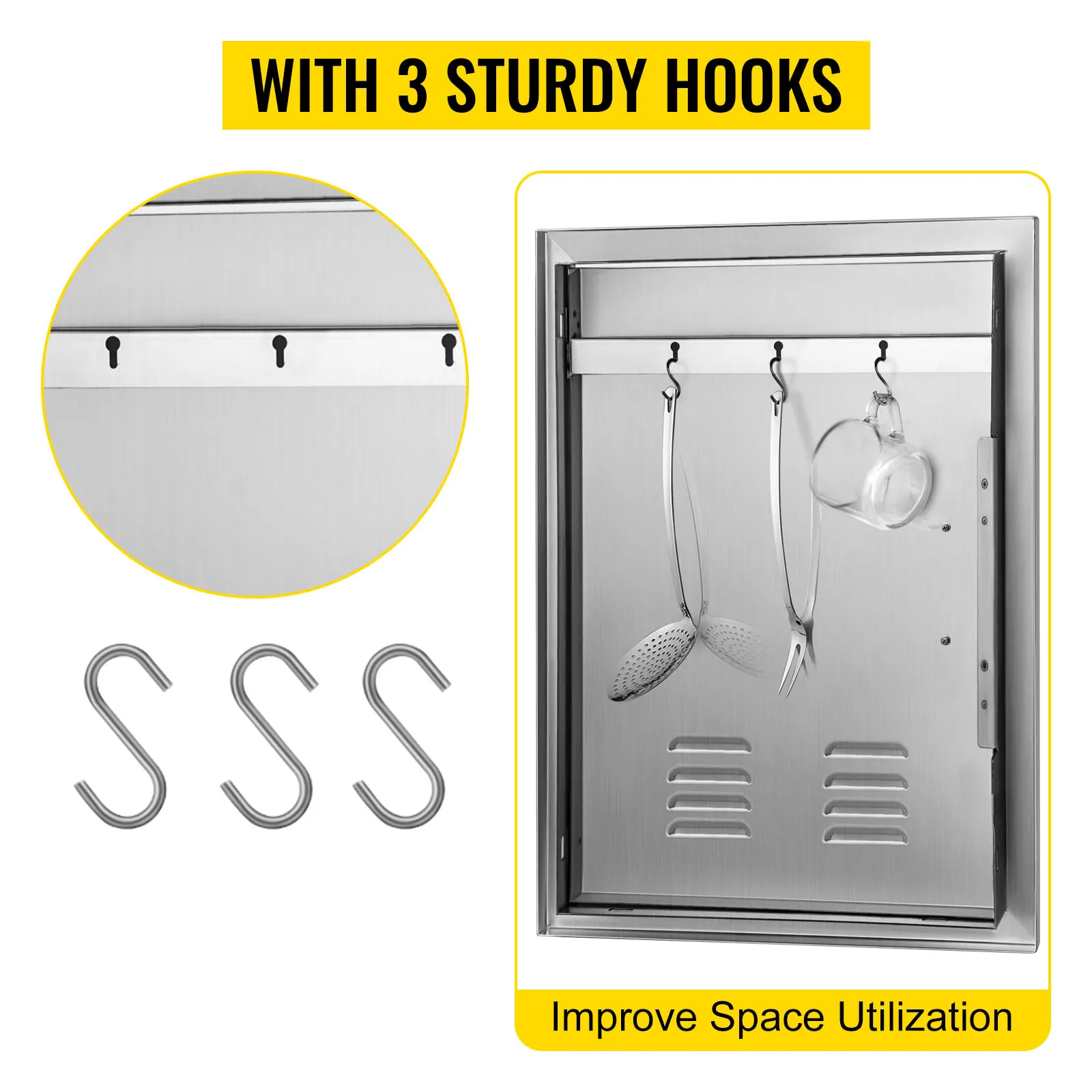 Puerta de acceso para barbacoa VEVOR con 3 ganchos resistentes para un mejor aprovechamiento del espacio.