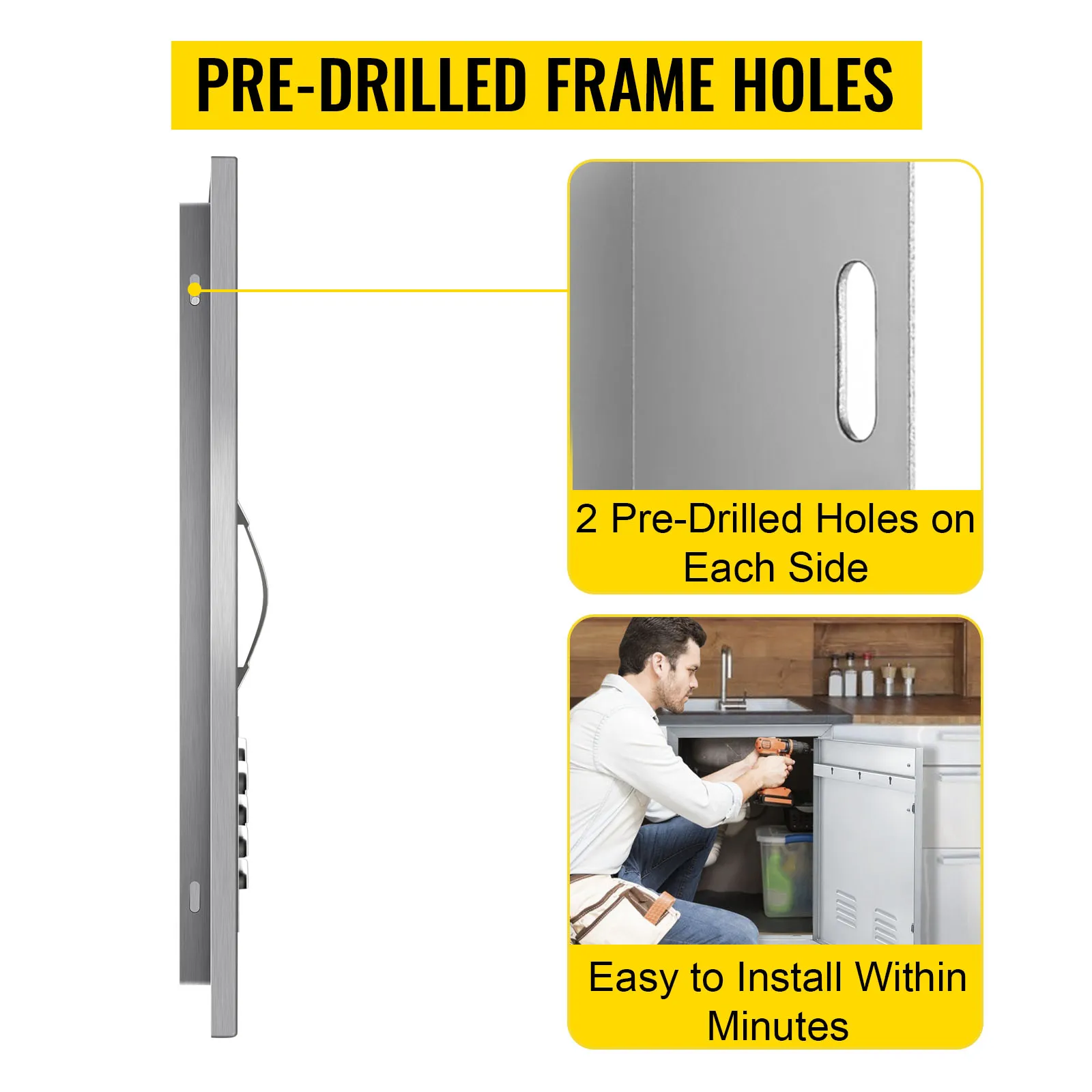 Puerta de acceso para barbacoa VEVOR con orificios de marco pretaladrados para una fácil instalación en minutos.