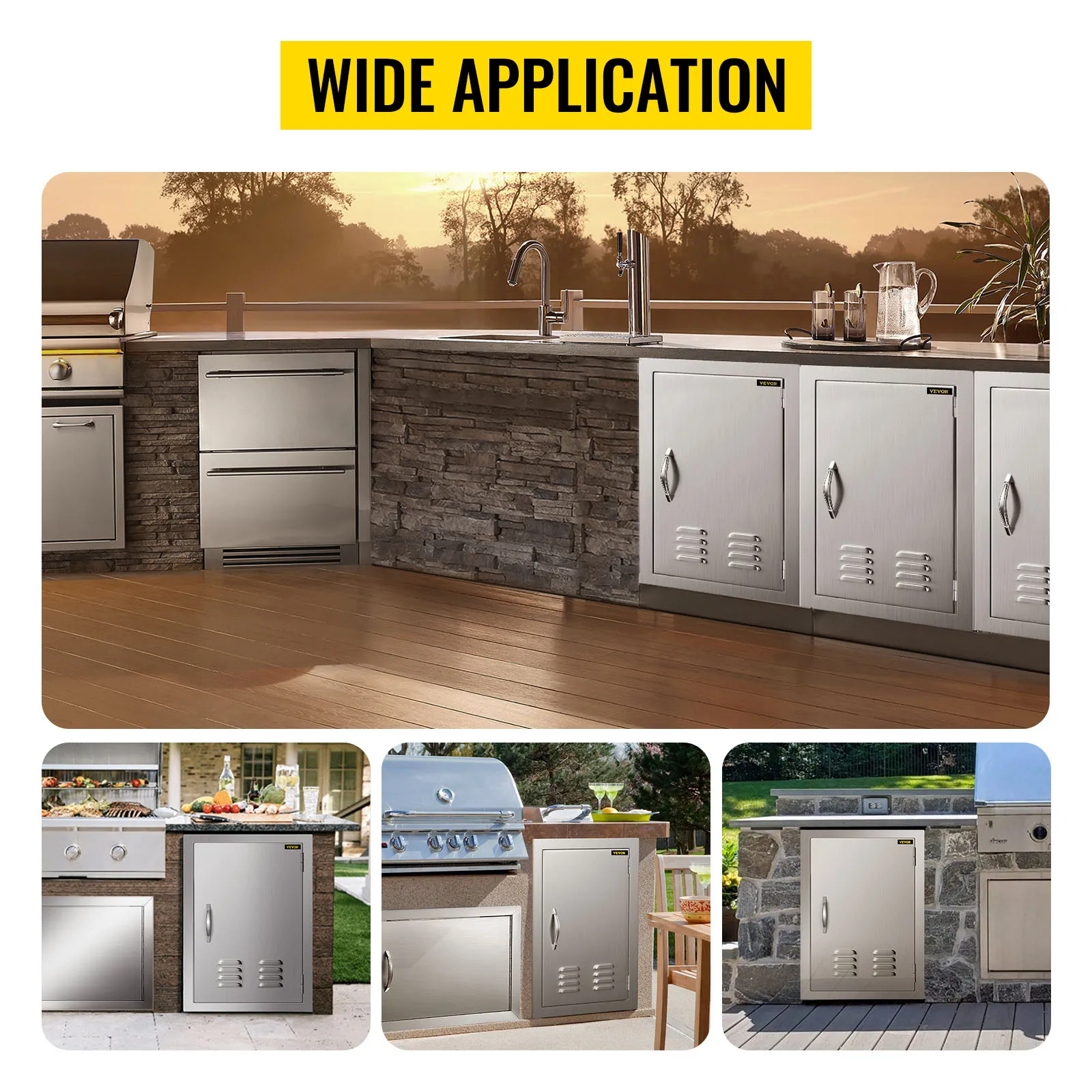 Cocinas al aire libre que muestran la puerta de acceso para barbacoa VEVOR con configuraciones de encimera variadas.