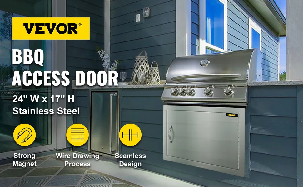 VEVOR bbq access door installed in an outdoor kitchen with a stainless steel grill.