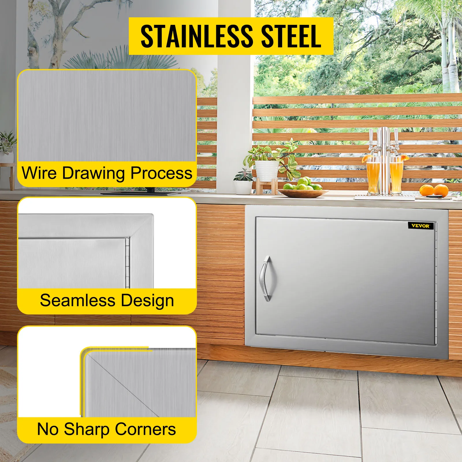 VEVOR bbq access door in a modern kitchen, featuring wire drawing process, seamless design.
