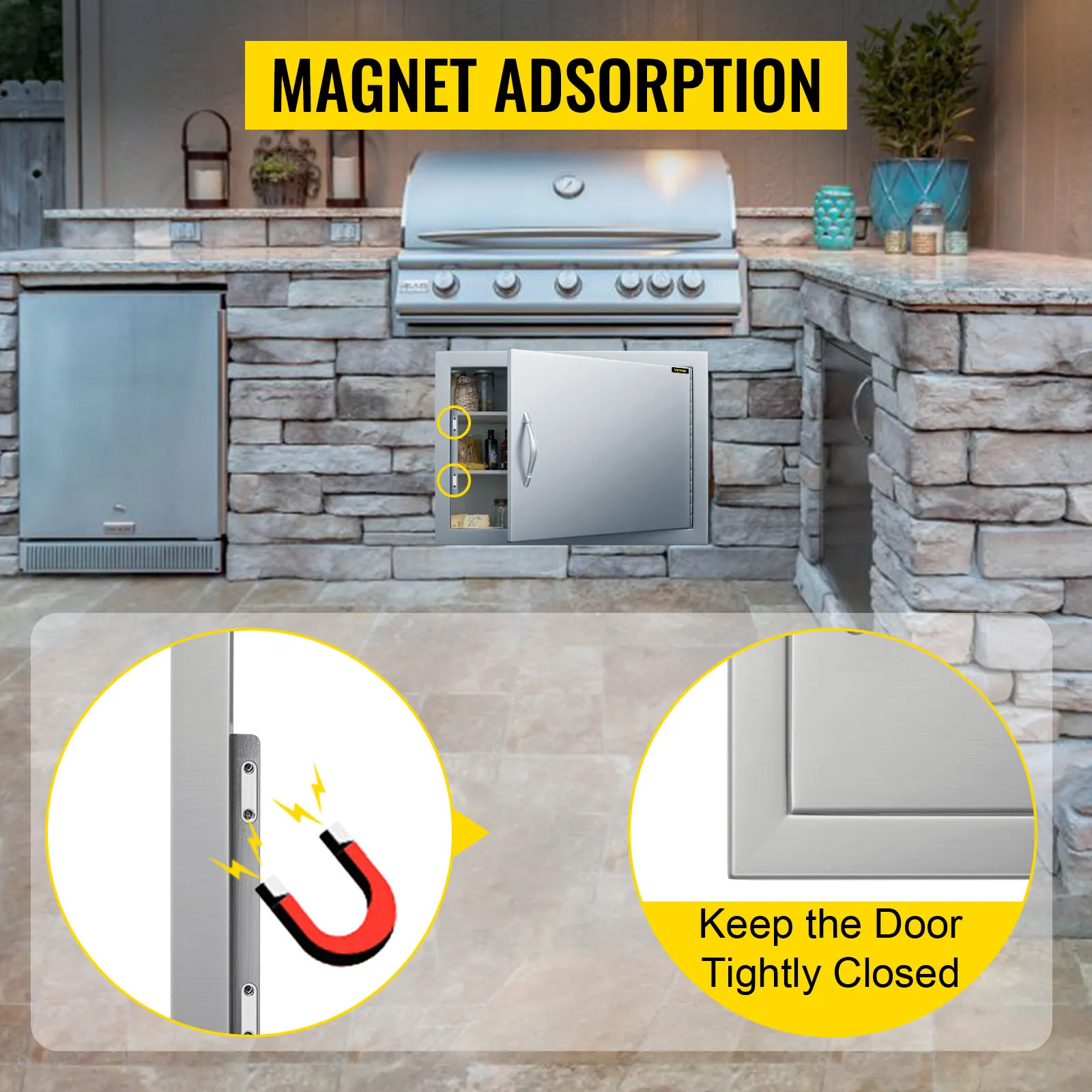 outdoor kitchen with VEVOR bbq access door, grill, and stone counter. magnet adsorption detail.