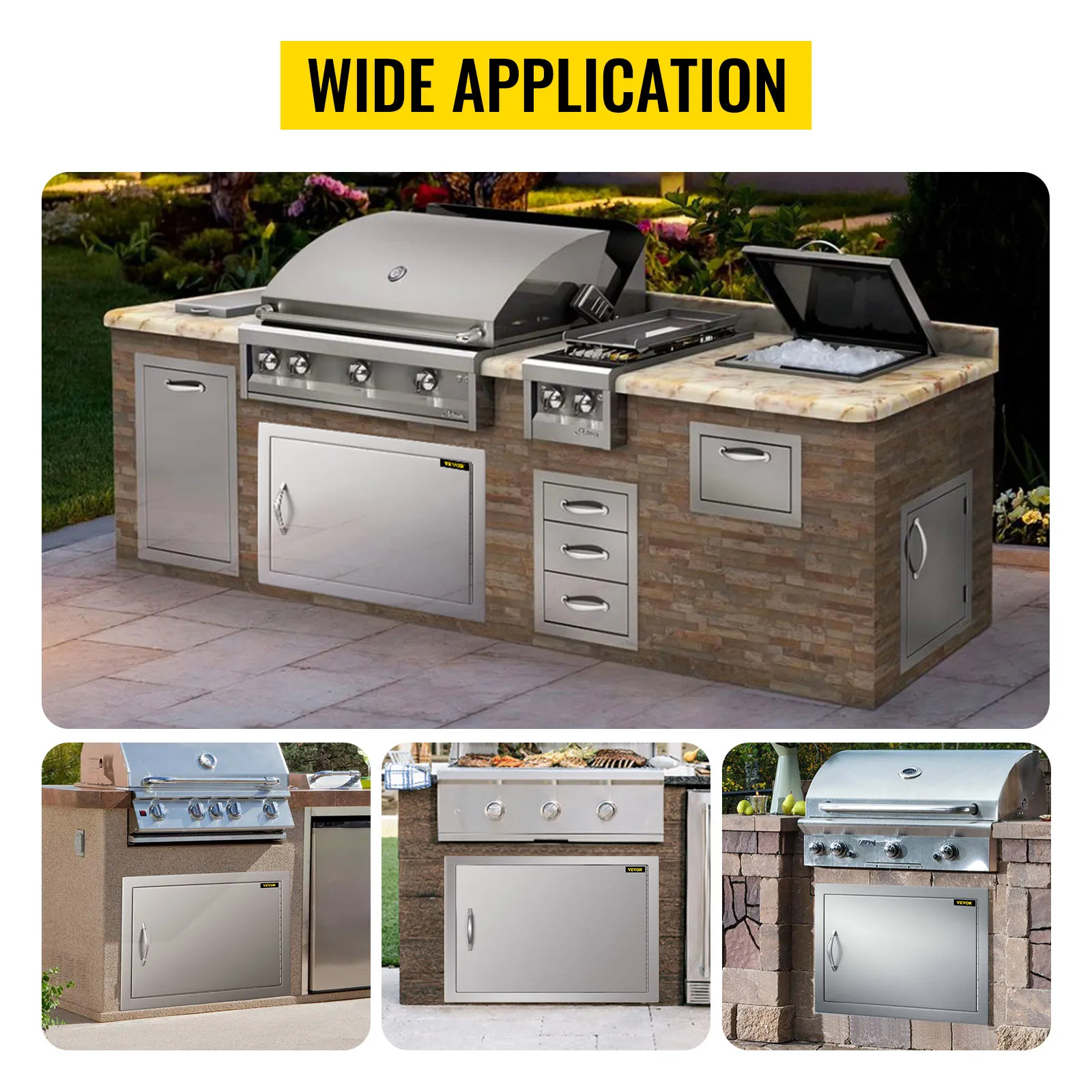 VEVOR bbq access door installed in outdoor stone bbq kitchens with various setups.