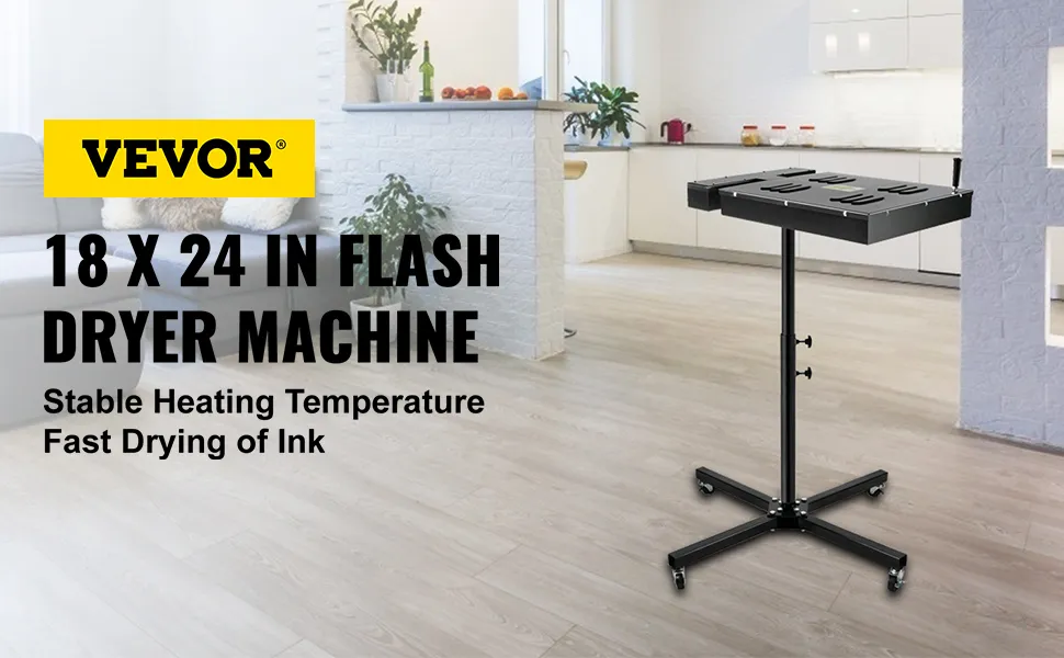 Secadora flash VEVOR en una habitación moderna con sofá, plantas y cocina al fondo.