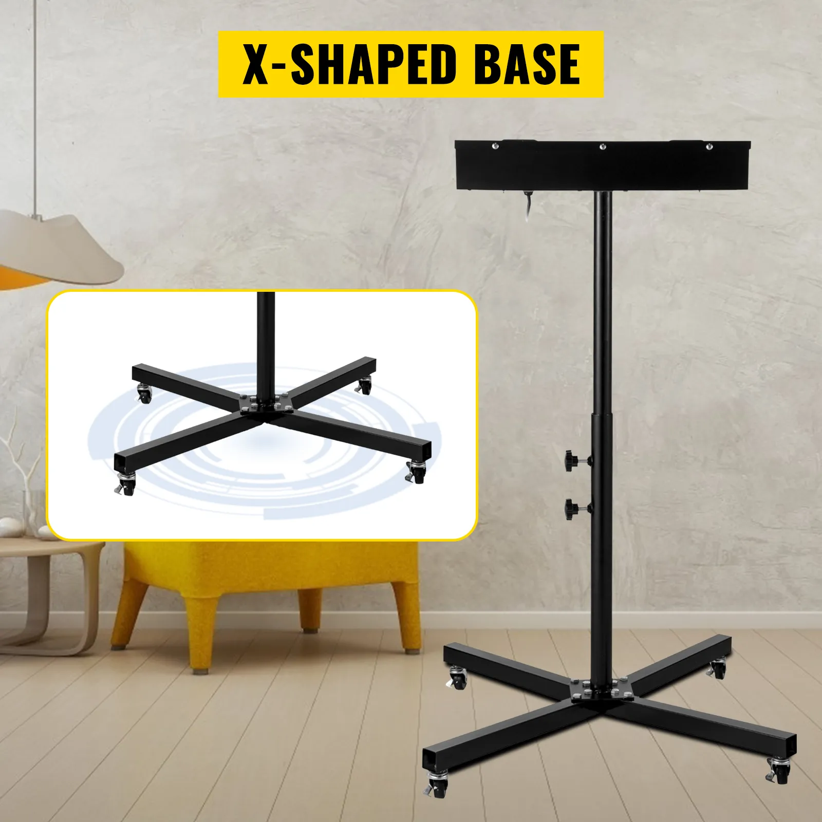 Secadora flash VEVOR con base en forma de X y ruedas giratorias en una habitación moderna.