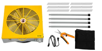 VEVOR bud leaf trimmer kit with yellow trimmer, blades, rods, scissors, and storage bag.