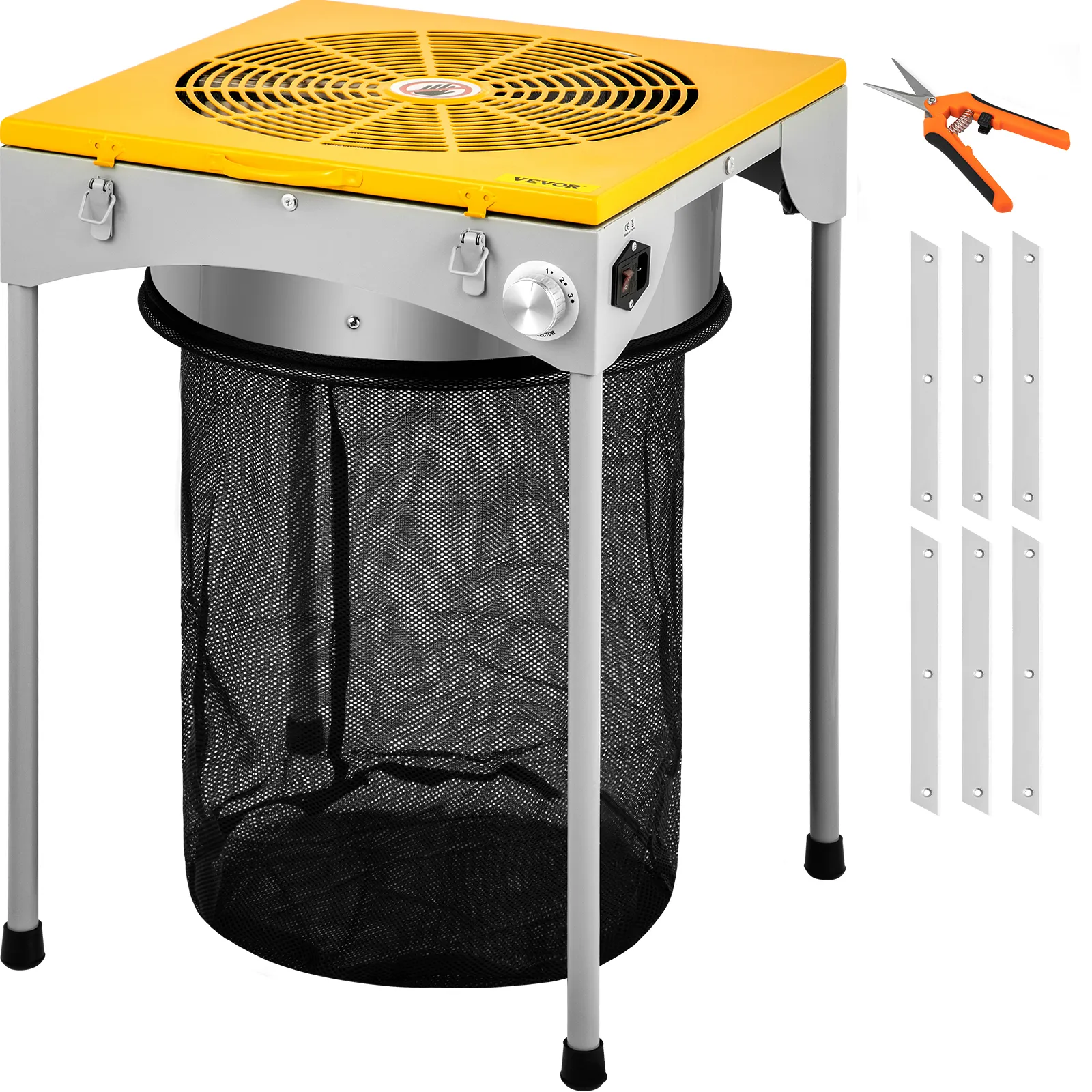 VEVOR bud leaf trimmer with trimmer bag, scissors, blades, and power cord.
