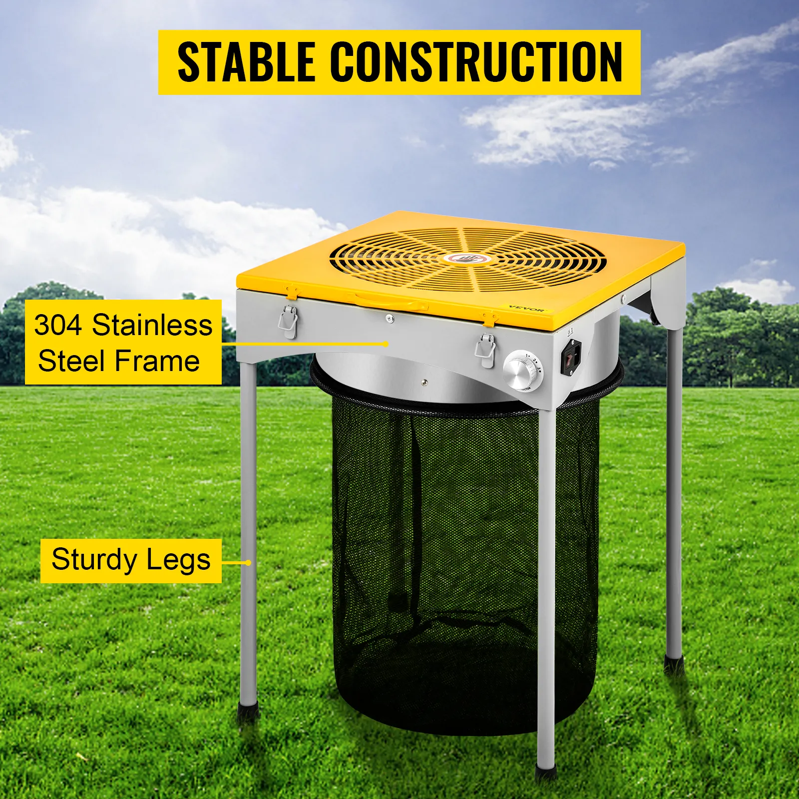 VEVOR bud leaf trimmer: stable stainless steel frame with sturdy legs in a green field.