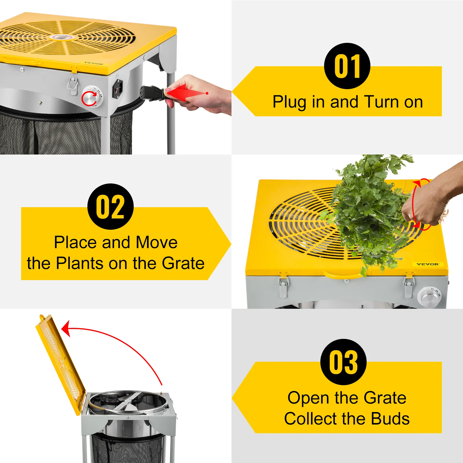 VEVOR bud leaf trimmer steps: plug in, place plants, open grate, collect buds.