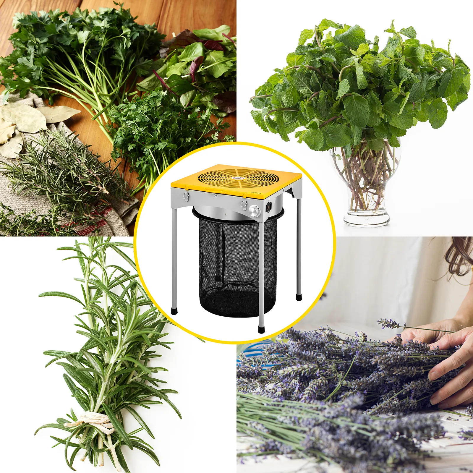 VEVOR bud leaf trimmer surrounded by fresh herbs and flowers on white and wooden backgrounds.