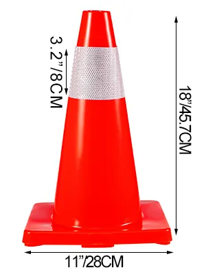 red VEVOR traffic cones with dimensions labeled: 3.2"x18"x11".