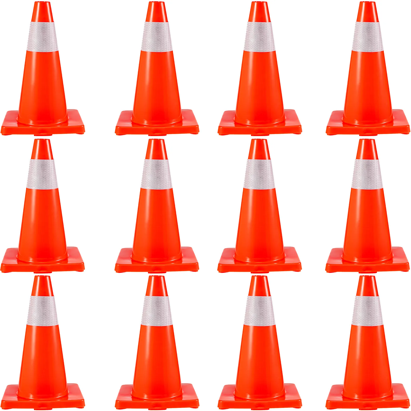 12 orange VEVOR traffic cones with reflective bands arranged in three rows.
