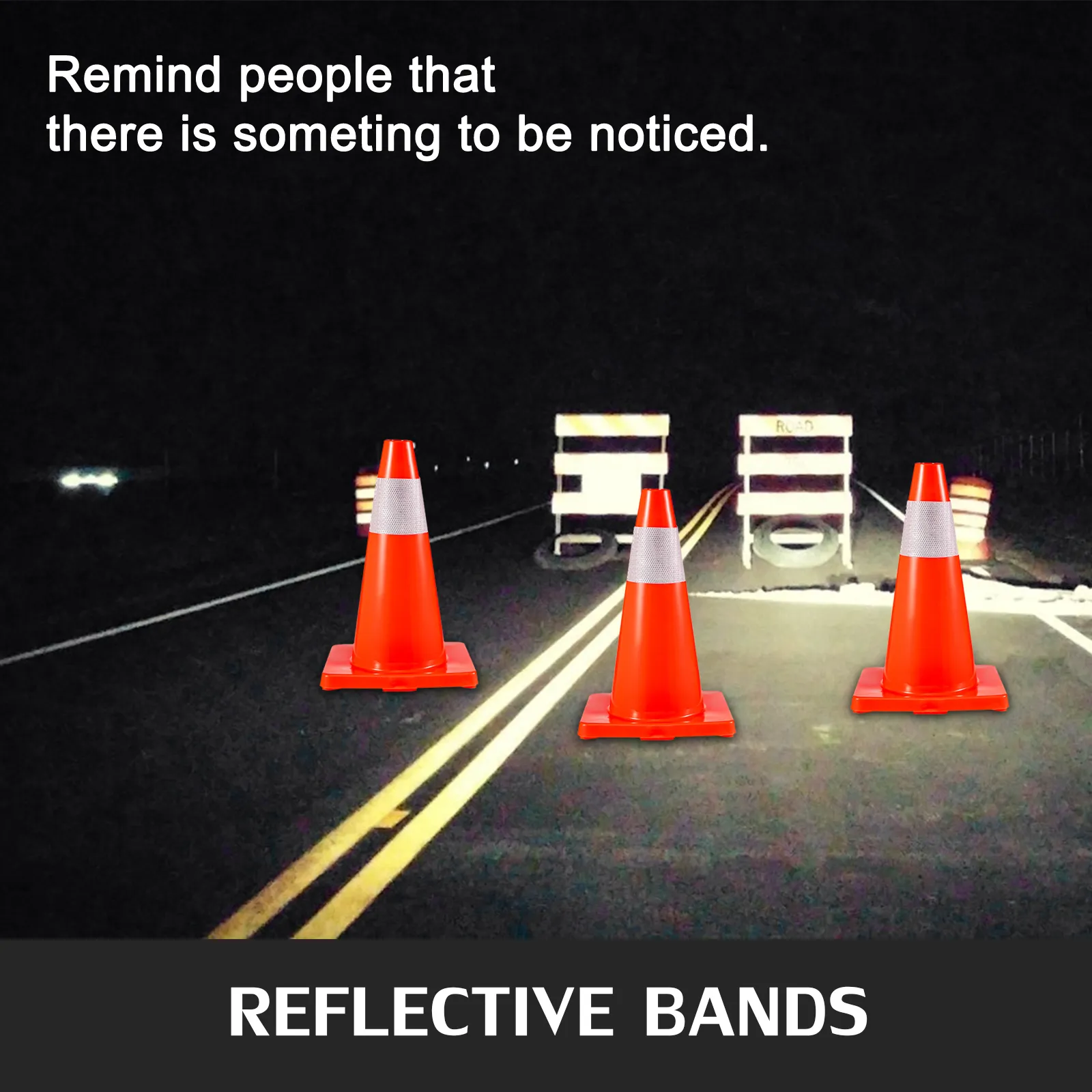 VEVOR traffic cones with reflective bands on a dimly lit road to warn drivers.