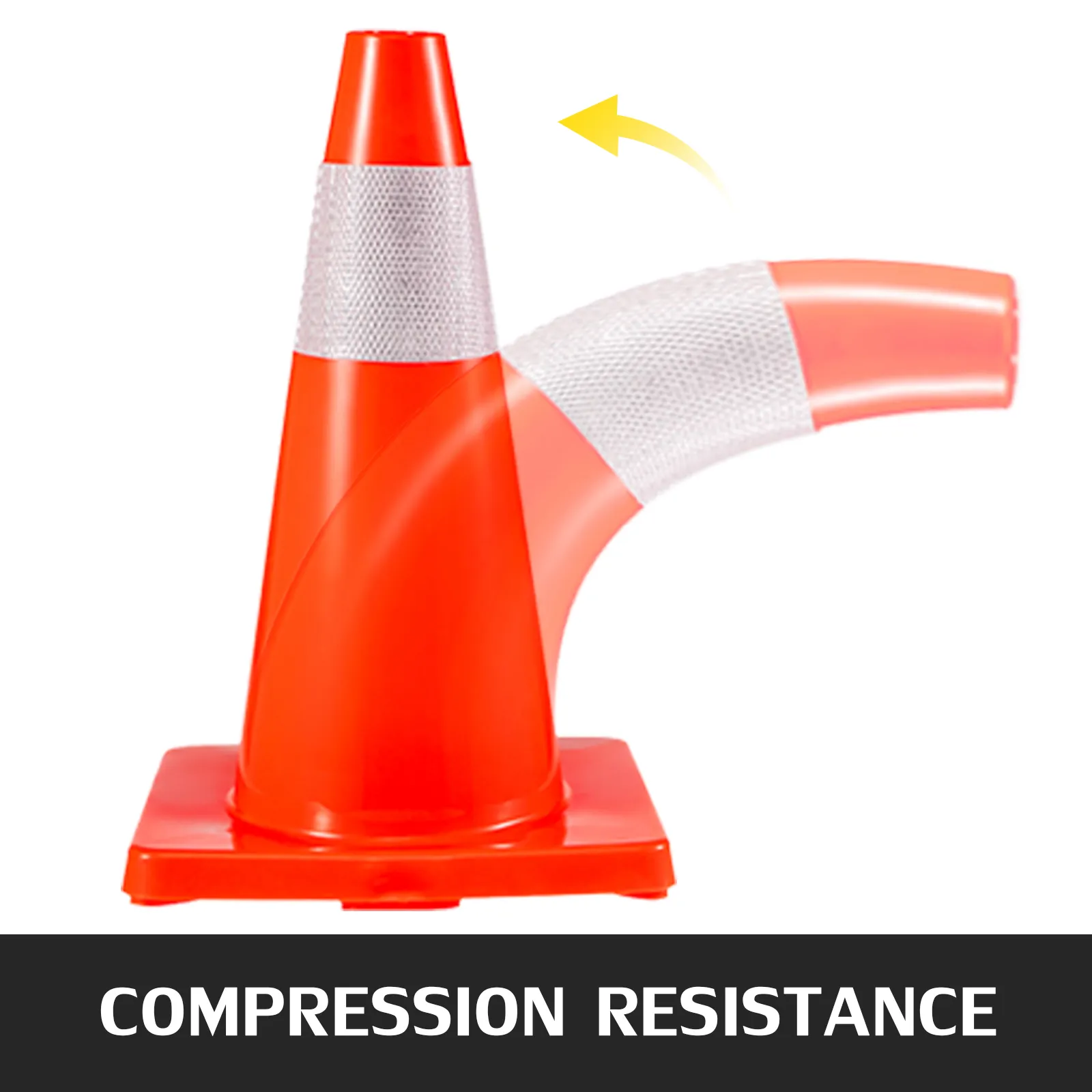 VEVOR traffic cones demonstrating compression resistance with flexed cone image.