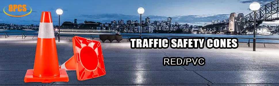 8pcs VEVOR traffic cones, red/pvc, by waterfront city skyline at night.