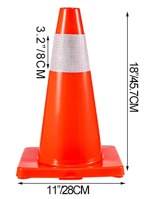 orange VEVOR traffic cone with reflective band; dimensions: 18x11 inches.