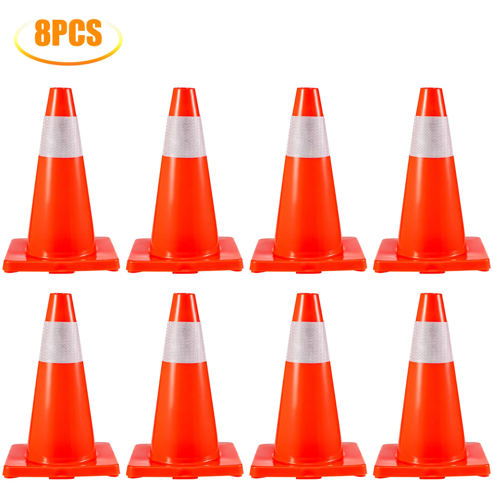 8pcs set of bright orange VEVOR traffic cones with reflective bands and a safety vest.