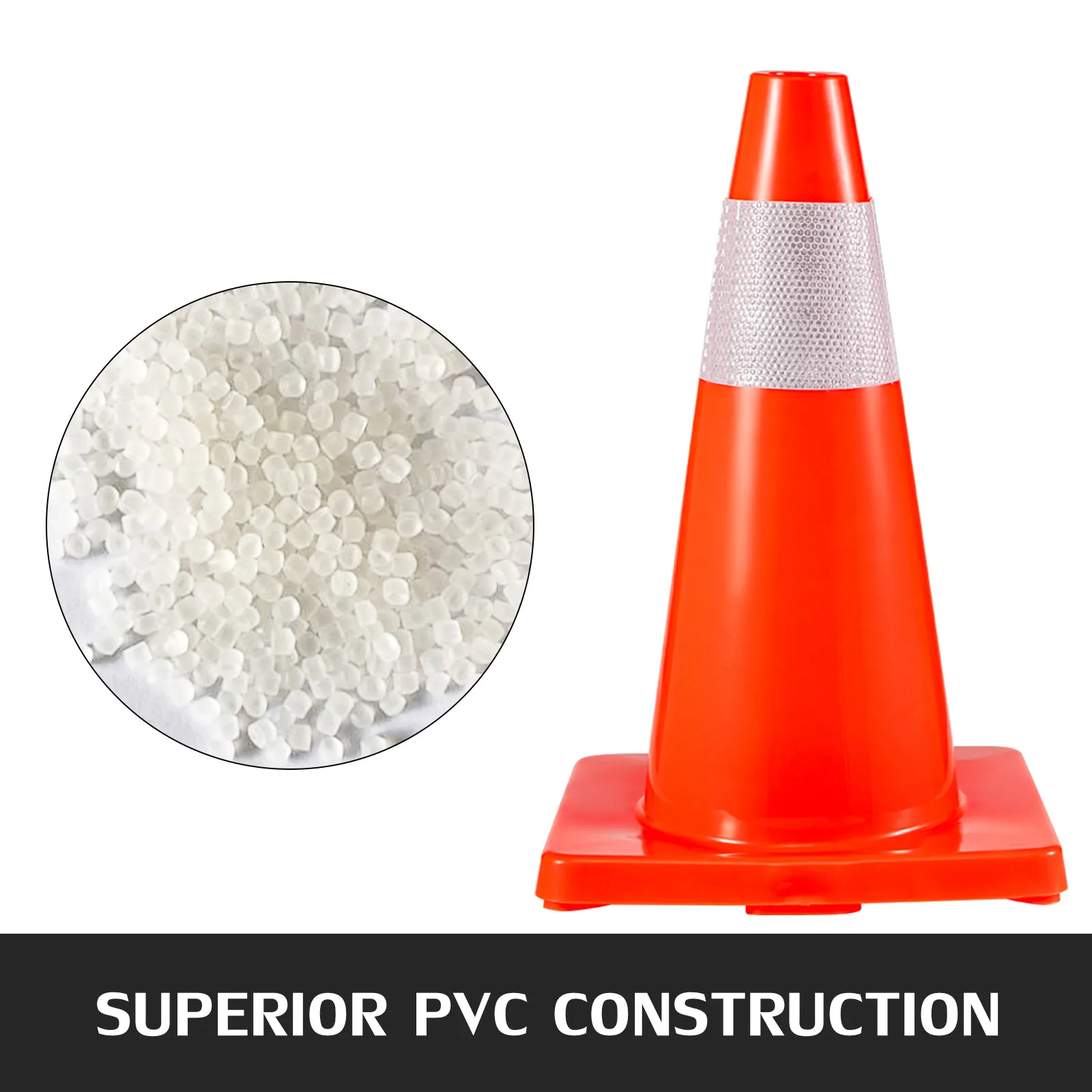 VEVOR traffic cones with reflective stripe and superior pvc material close-up.