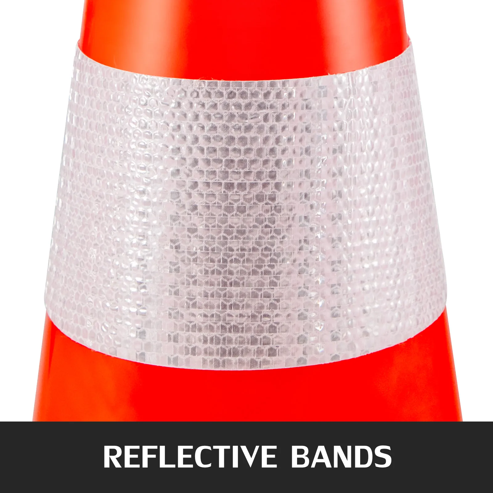 close-up of a VEVOR traffic cone with reflective bands.