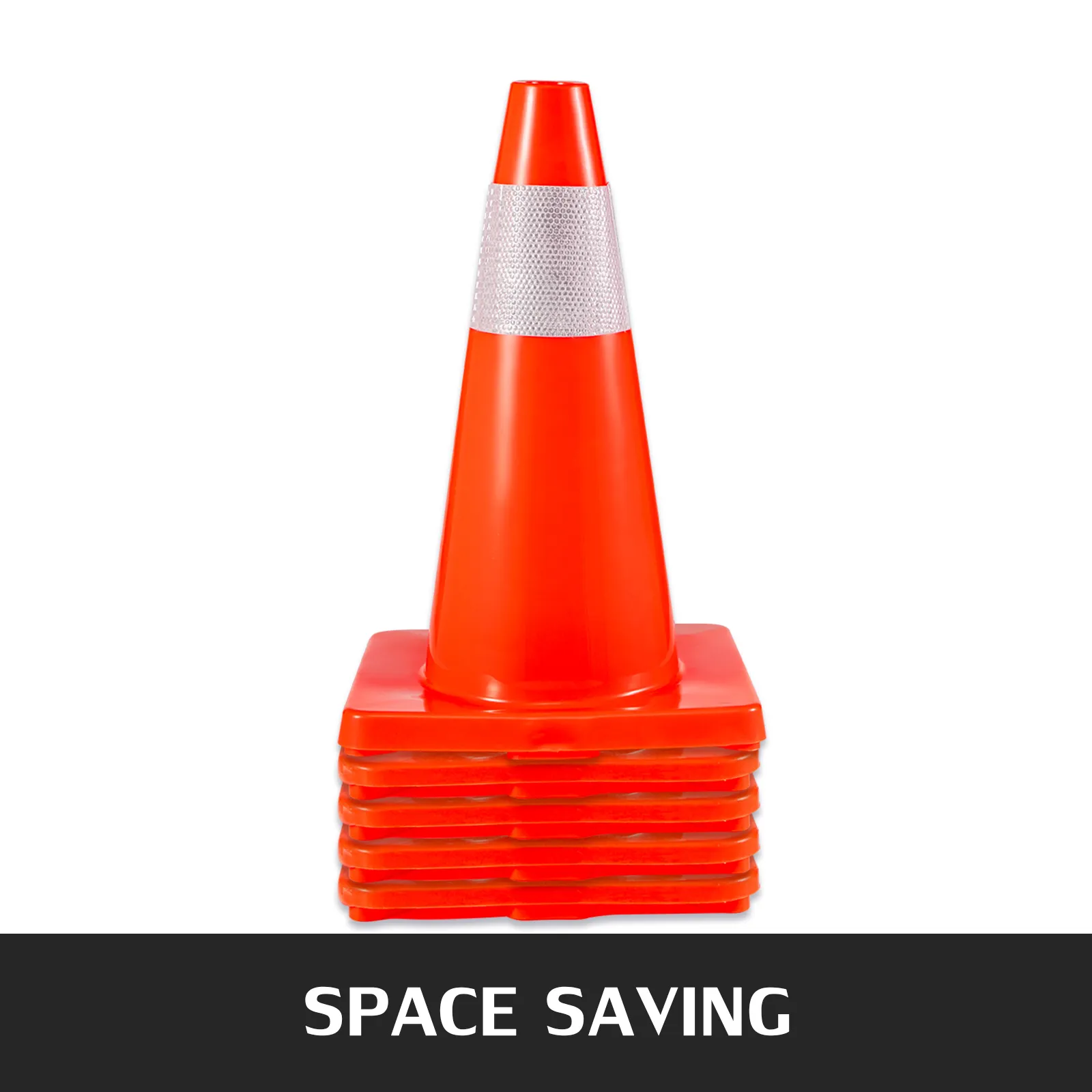 stacked VEVOR traffic cones with reflective strip and "space saving" text.