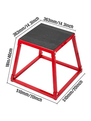 rote plyometrische Sprungbox von VEVOR mit den Abmessungen 18 Zoll/46 cm Höhe und 20 Zoll/51 cm Basis.