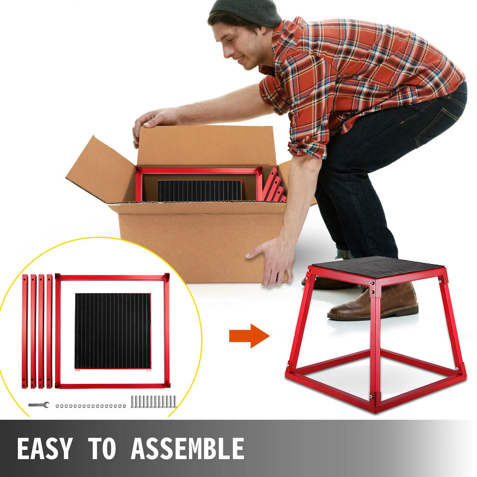 Zusammenbau der plyometrischen Sprungbox von VEVOR. Die abgebildeten Teile sind ordentlich verpackt im Karton.