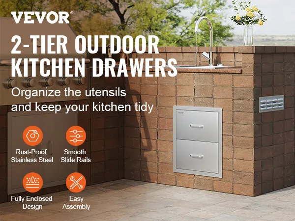 VEVOR outdoor kitchen drawers in stainless steel within a brick outdoor kitchen.