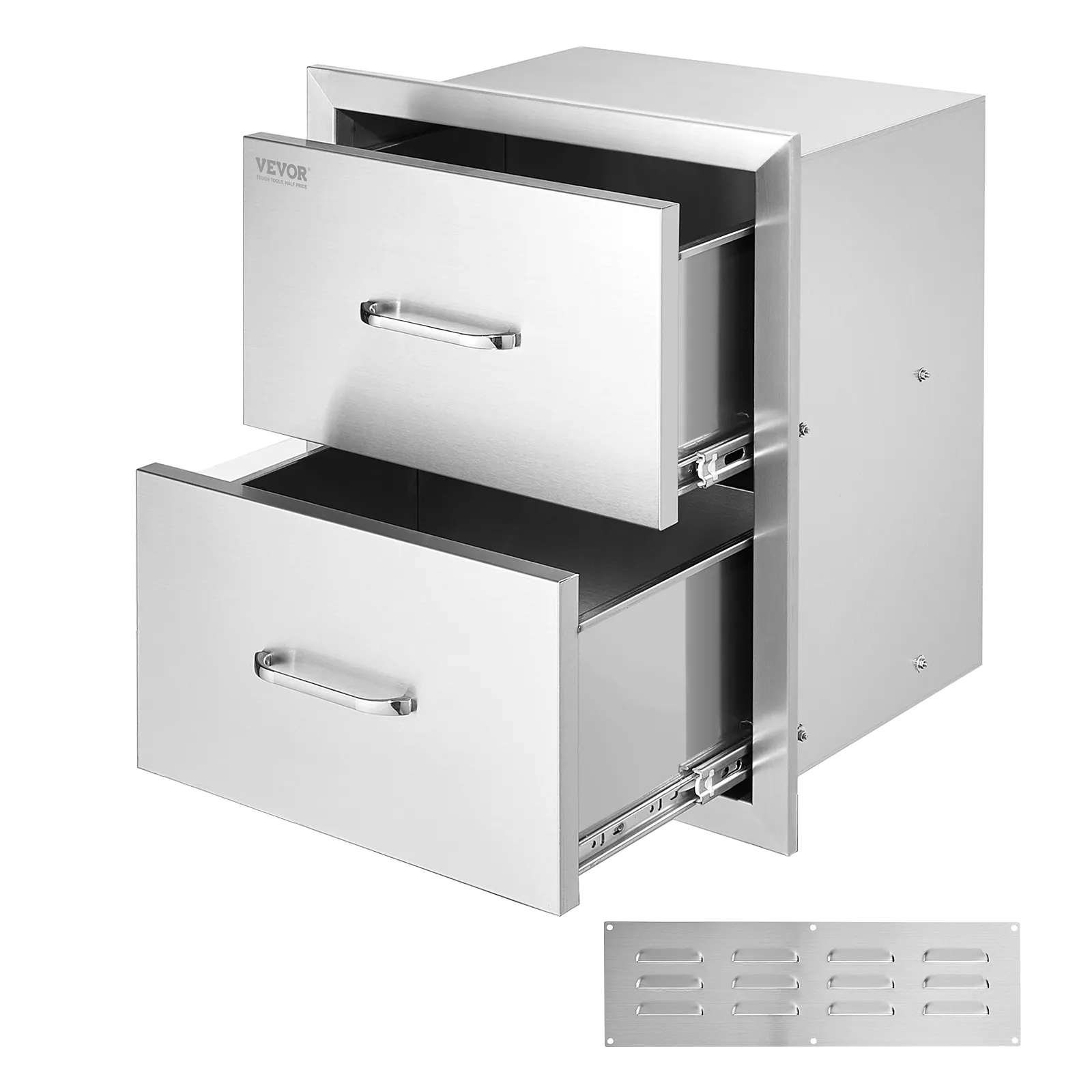stainless steel VEVOR outdoor kitchen drawers with two compartments and venting panel.
