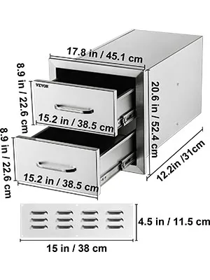 VEVOR outdoor kitchen drawers with dimensions in stainless steel.