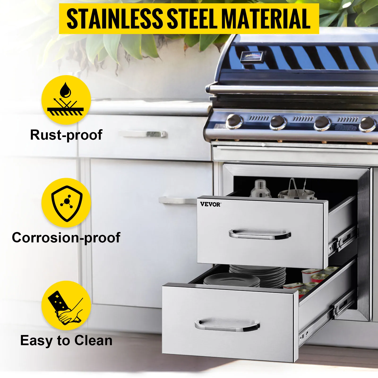 VEVOR outdoor kitchen drawers, stainless steel, rust-proof, corrosion-proof, easy to clean.