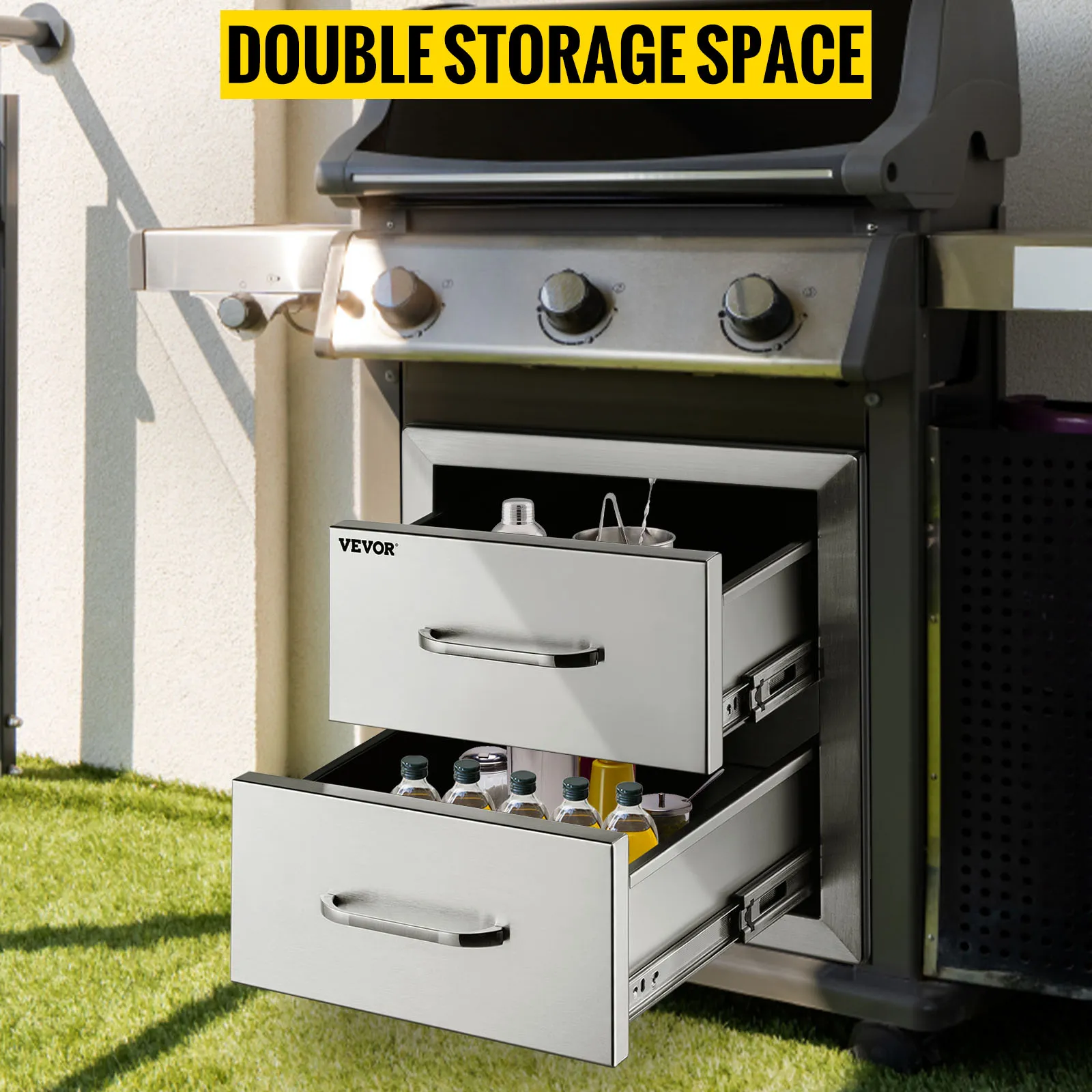 VEVOR outdoor kitchen drawers under grill, storing bottles and utensils, double storage space.