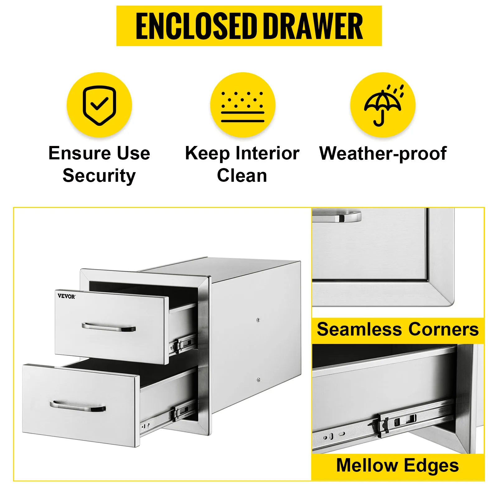 VEVOR outdoor kitchen drawers with enclosed, weatherproof, and seamless corners.