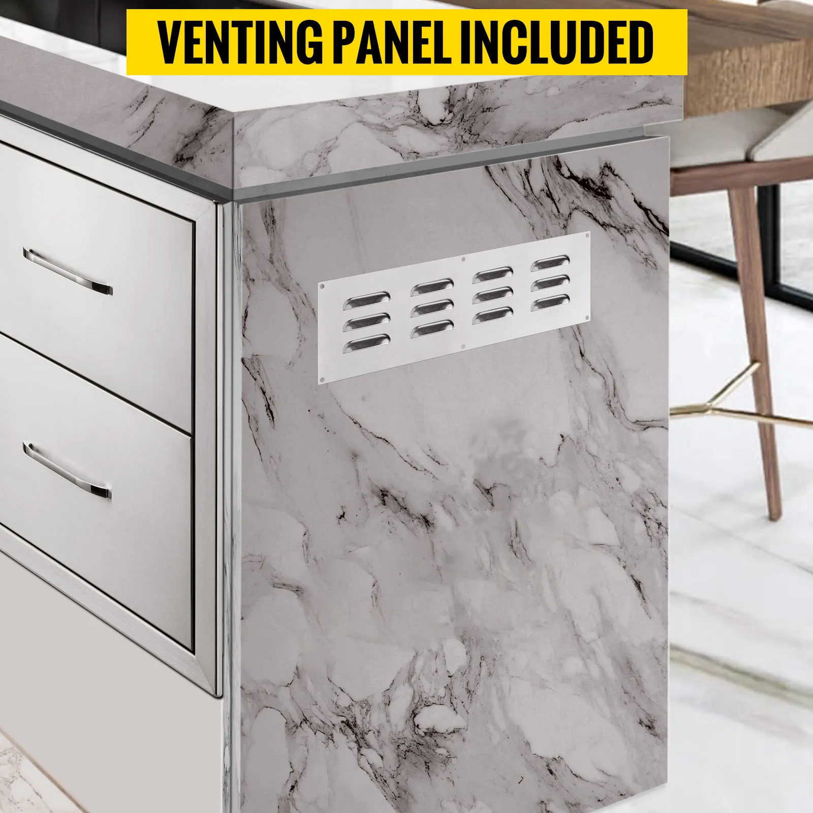 marble countertop with stainless steel VEVOR outdoor kitchen drawers and venting panel included.